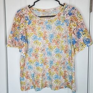 LOFT Floral Eyelet Sleeve Top Colorful Spring Blouse Women's Size L